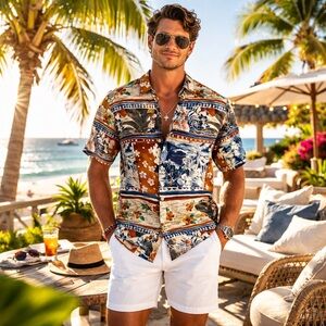 Vtg. Jams World Men’s Patchwork Tropical Print Shirt Large Florals Vacation EUC